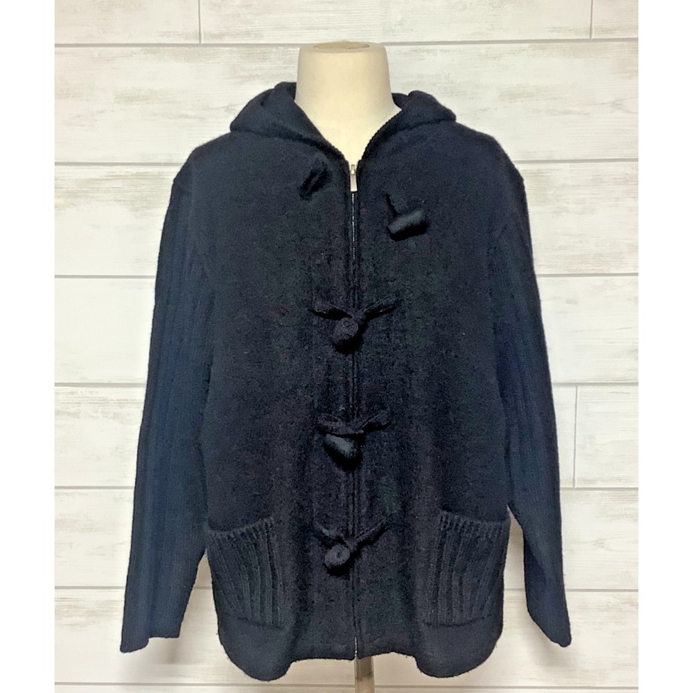 Coldwater Creek 100% Wool Full Zip Toggle Hooded Jacket Black Size 1X